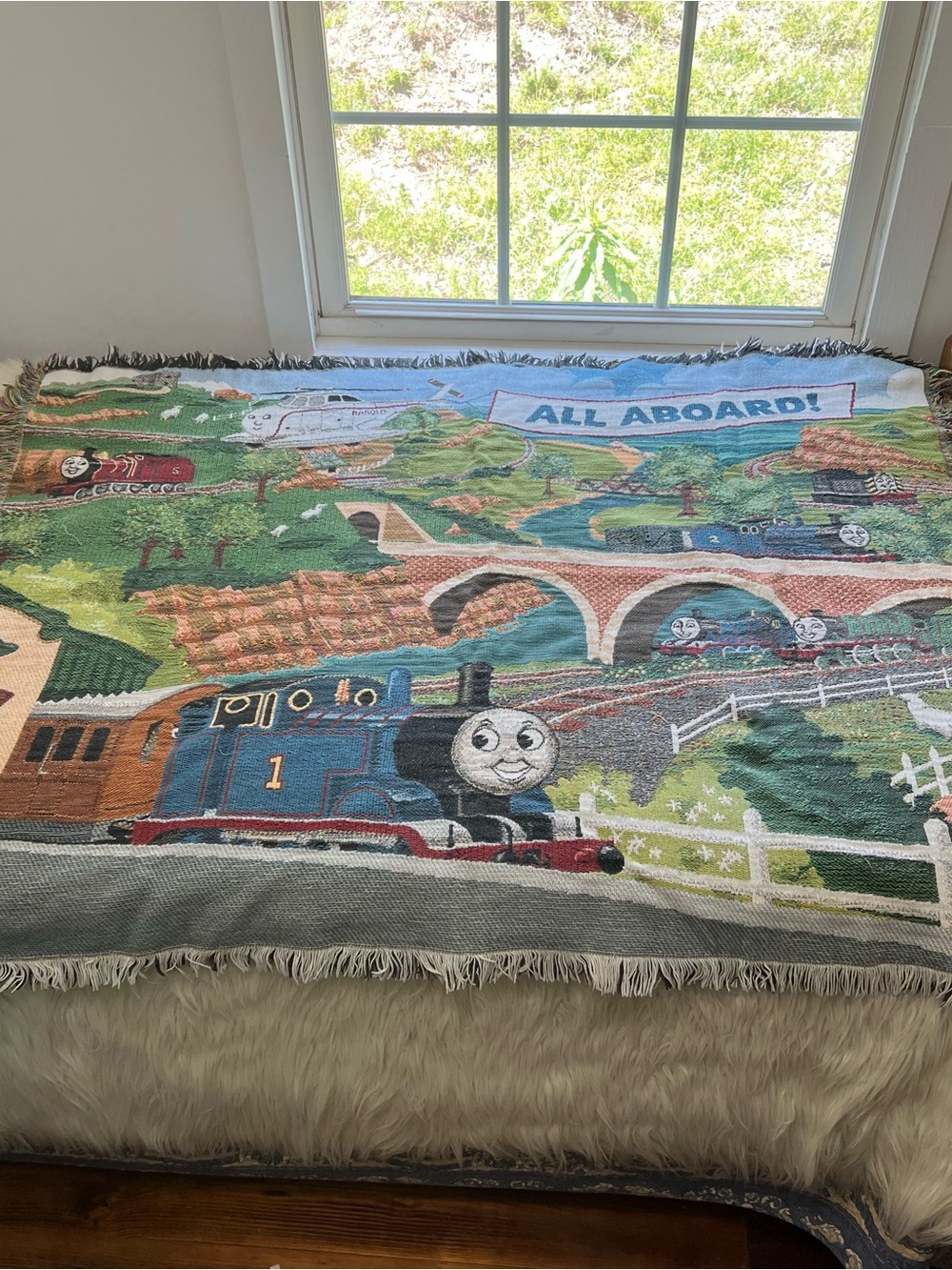 Vintage 90s Thomas The Train Tapestry Throw Blanket Fringe 100% Cotton Cartoon